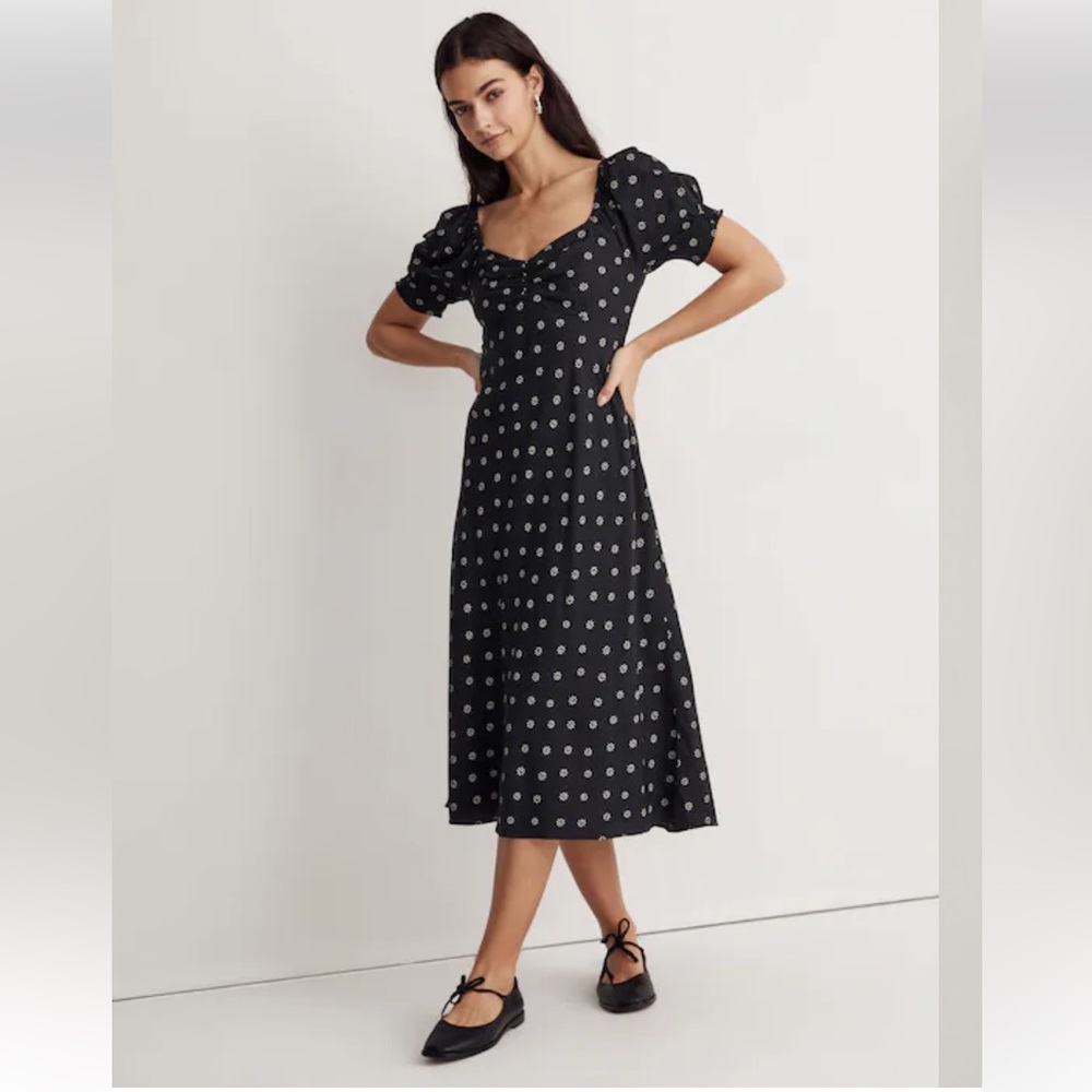 Madewell Sweety Puff Sleeve Midi Dress Black with white flowers Sz 2
